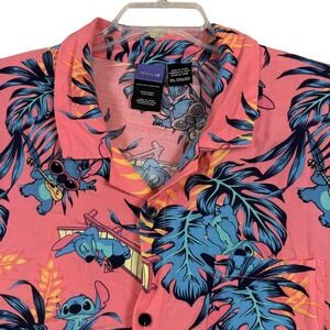 Disney Stitch Button Down Shirt Mens 3XL Pink Tropical Rayon Hawaiian Camp